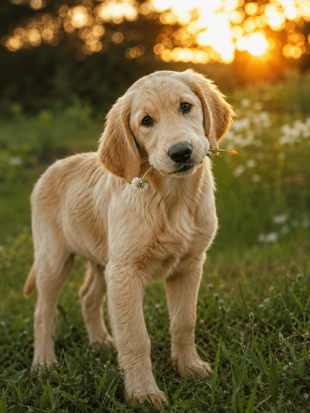 Golden retriever standing in a sunlit field